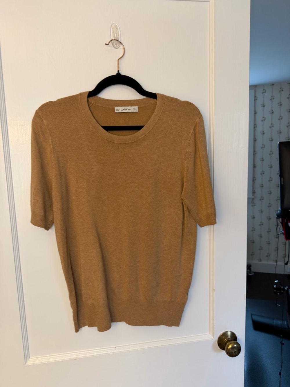 ZARA Women's Brown Tight-Knit Crew Neck Short Sleeve Pullover Sweater XL